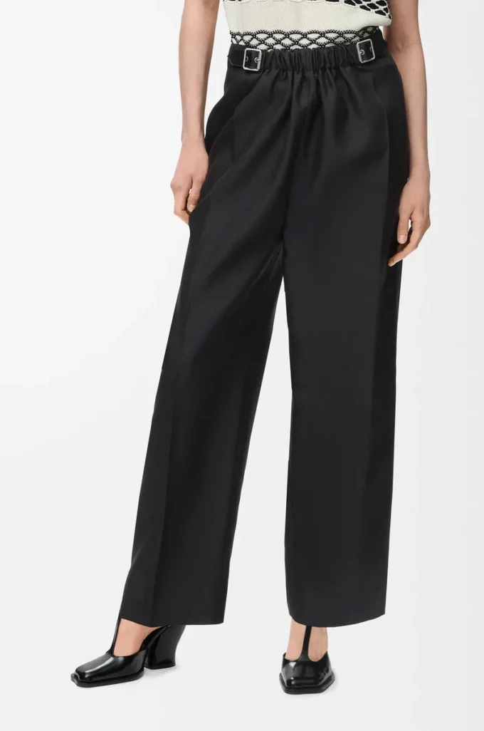Pantalon ceinturé en laine et soie Noir