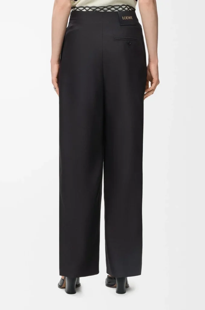 Pantalon ceinturé en laine et soie Noir