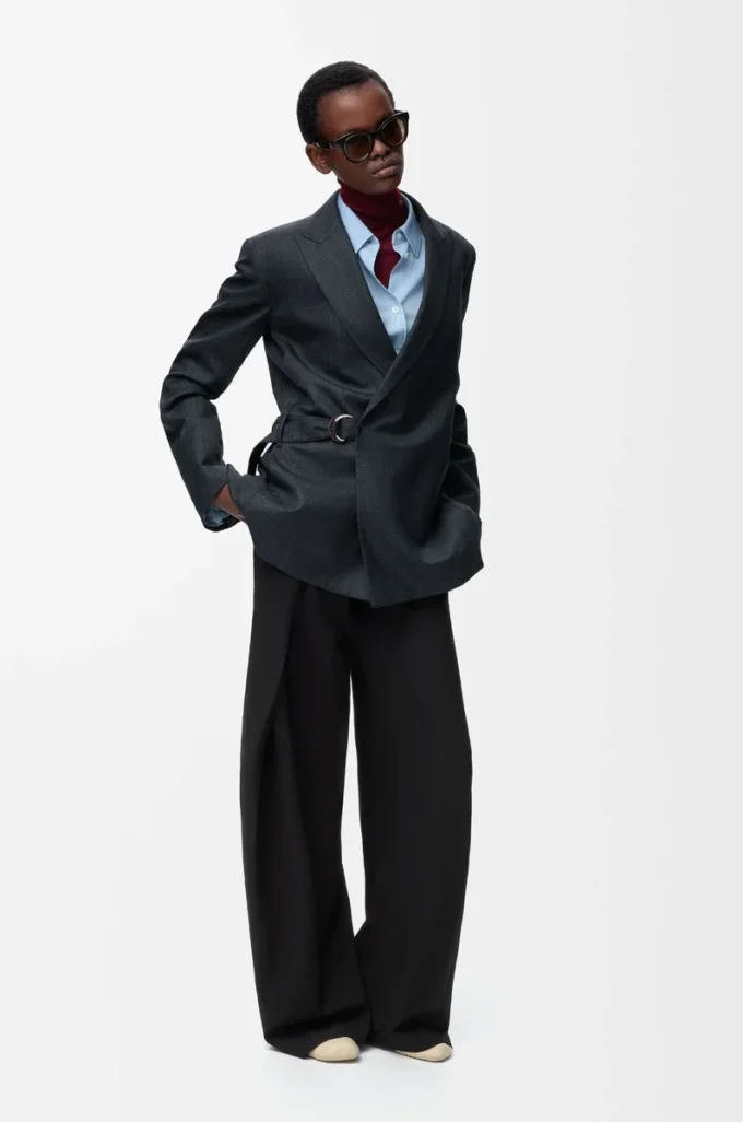 Pantalon ceinturé en laine Noir