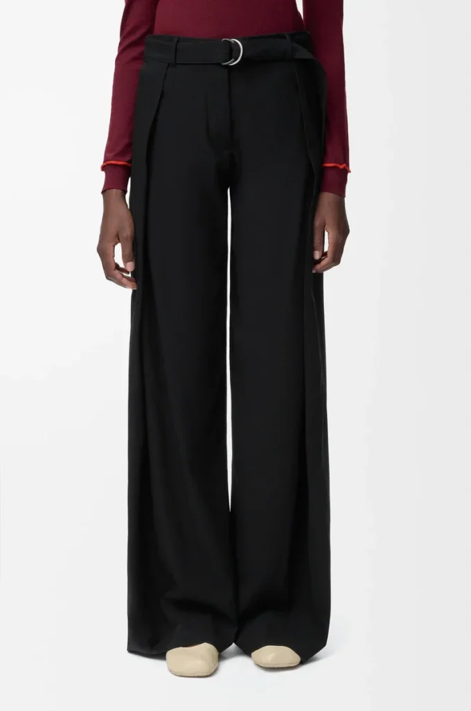 Pantalon ceinturé en laine Noir