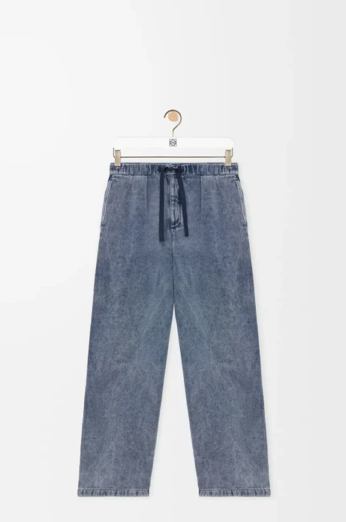 Pantalon à cordon en coton et lin Bleu gris