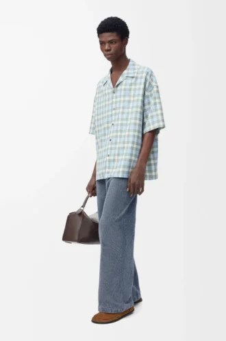 Pantalon à cordon en coton et lin Bleu gris