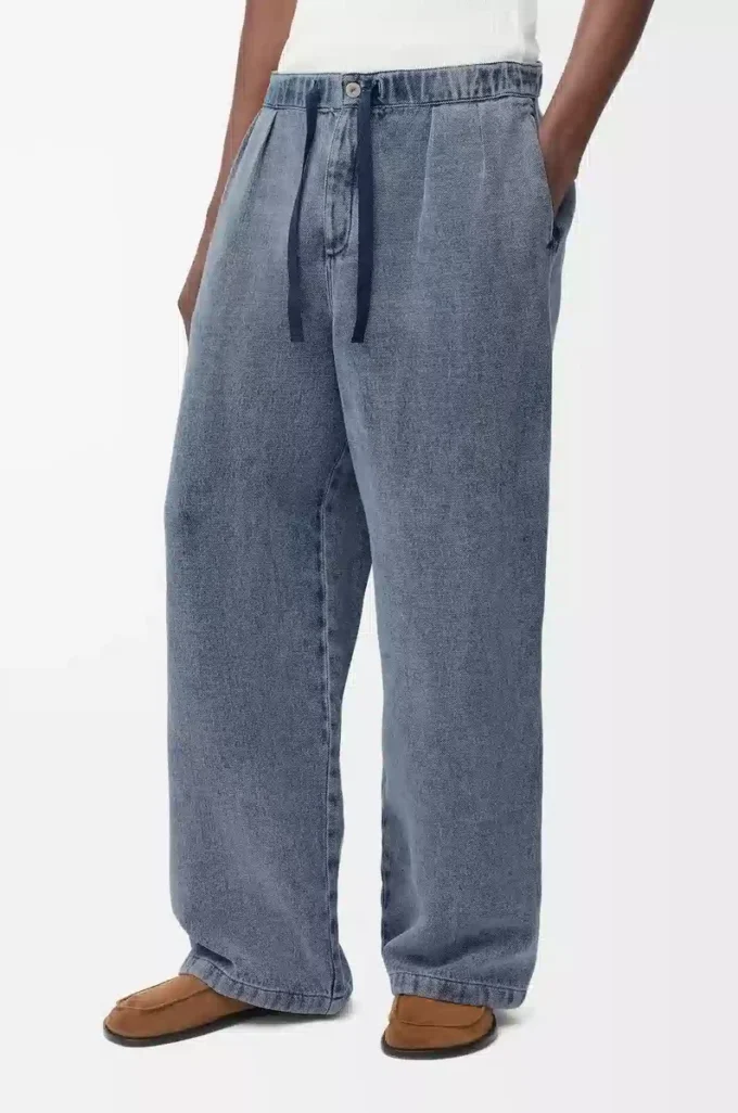 Pantalon à cordon en coton et lin Bleu gris