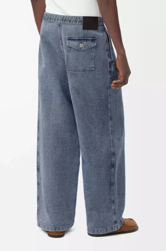 Pantalon à cordon en coton et lin Bleu gris