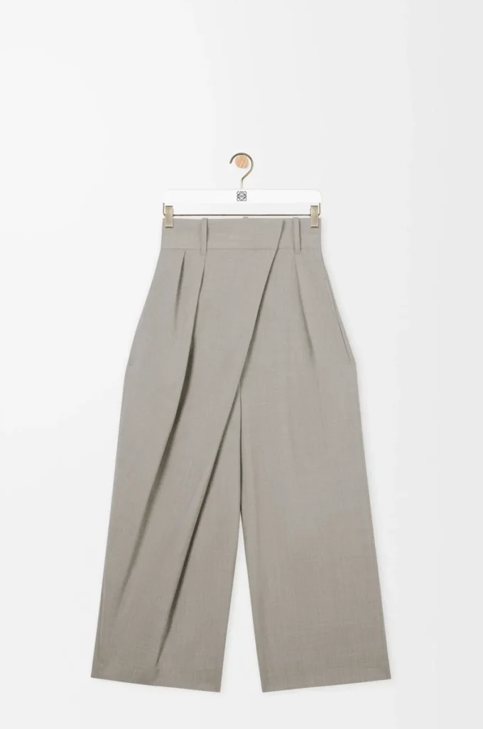 Pantalon court cache-cœur en laine beige clair mélangé