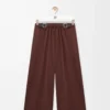 Pantalon court à ceinture en coton et soie Couleur café