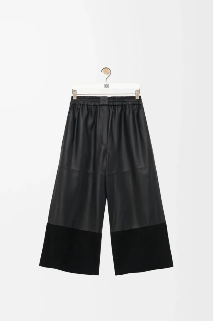 Pantalon court en cuir d&rsquo;agneau nappa et cuir de chèvre suédé Noir