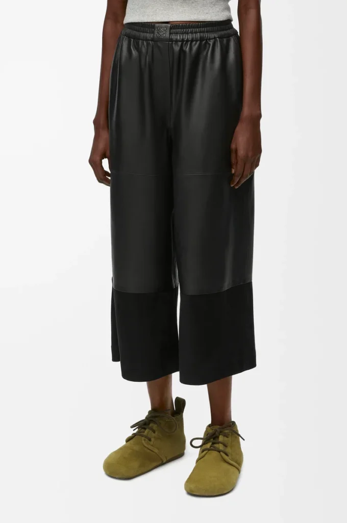 Pantalon court en cuir d&rsquo;agneau nappa et cuir de chèvre suédé Noir