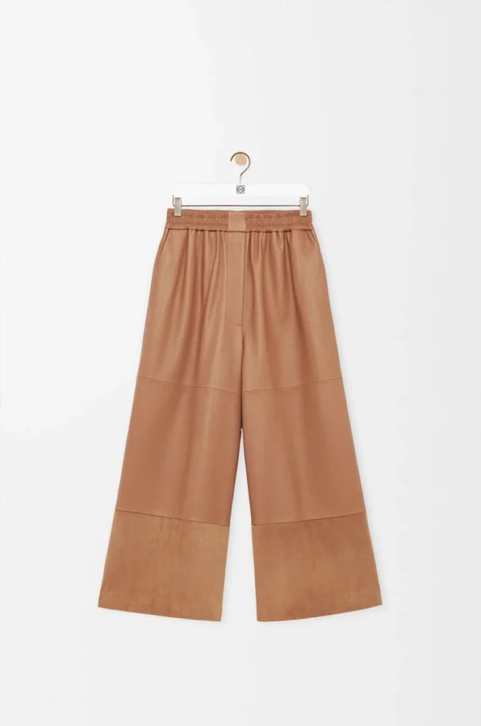 Pantalon court en cuir d&rsquo;agneau nappa et cuir de chèvre suédé Toffee