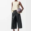 Pantalon court en cuir d&rsquo;agneau nappa Noir