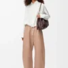 Pantalon large en cuir d&rsquo;agneau nappa Beige