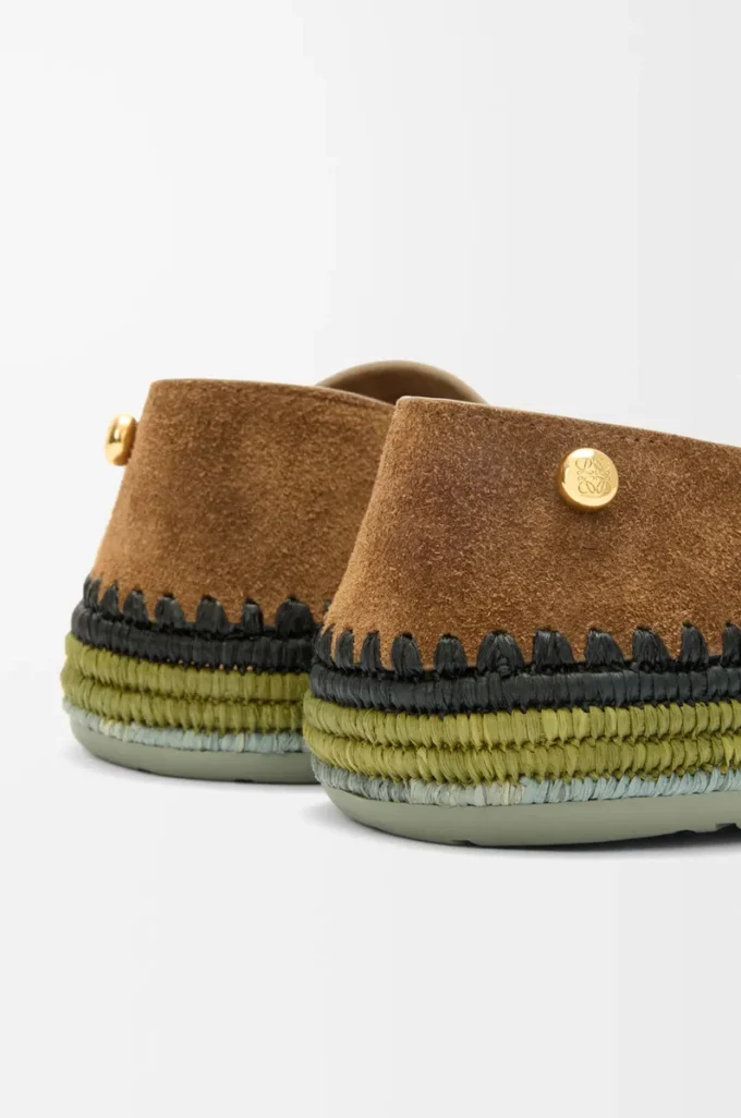 Pantoufles Rio en daim et raphia marron