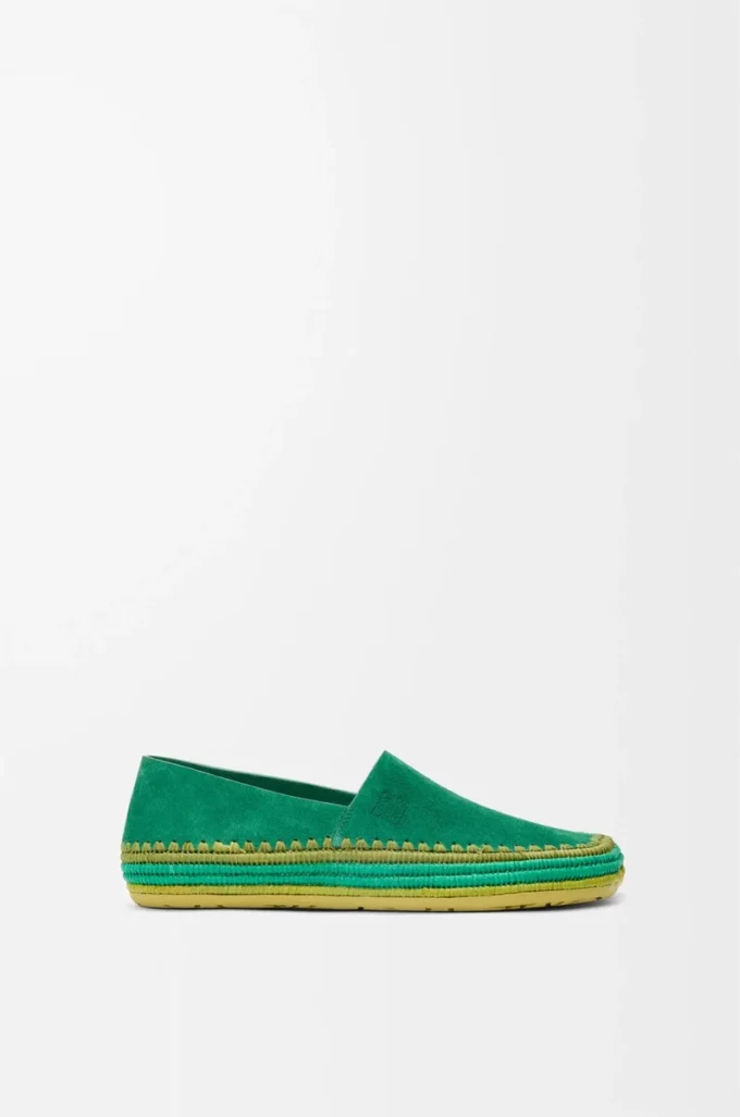 Pantoufles Rio en daim et raphia Vert