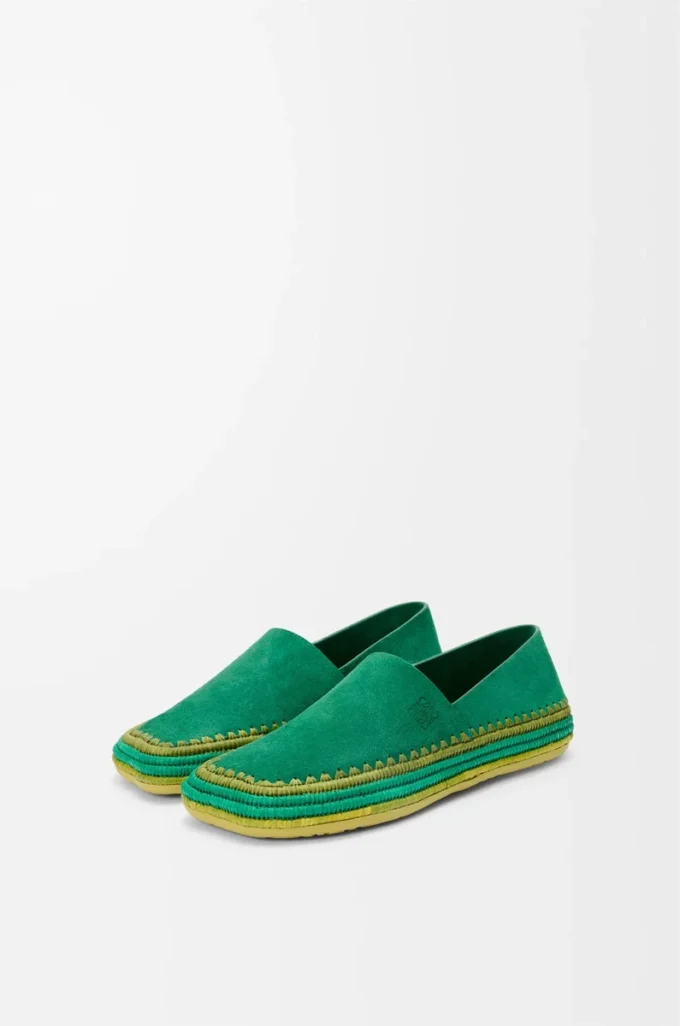 Pantoufles Rio en daim et raphia Vert