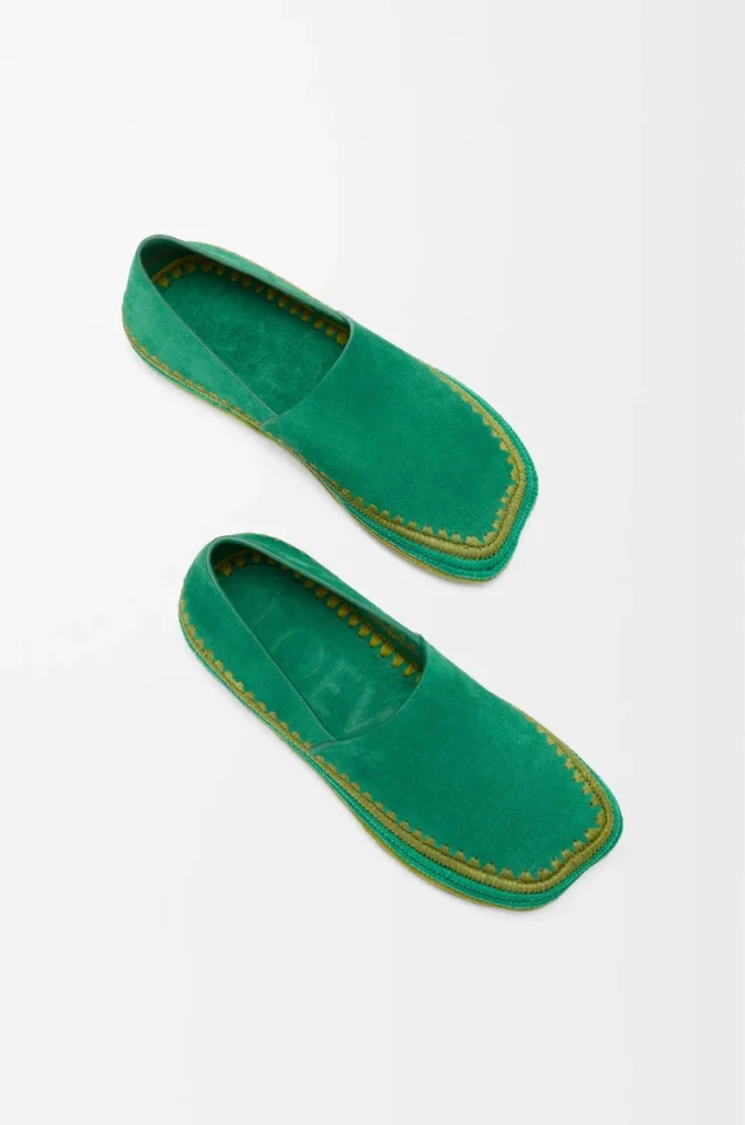 Pantoufles Rio en daim et raphia Vert
