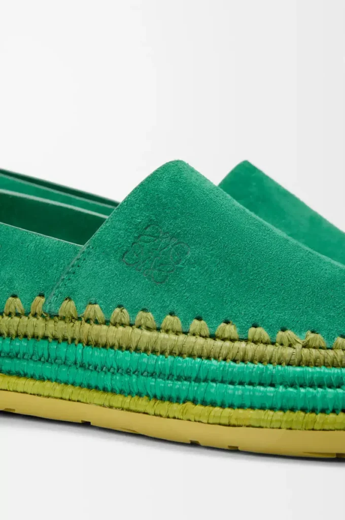 Pantoufles Rio en daim et raphia Vert