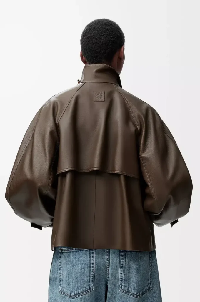 Parka courte en cuir de veau nappa Vert foncé