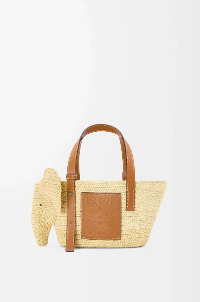 Petit panier Elephant en raphia et cuir de veau naturel/tan