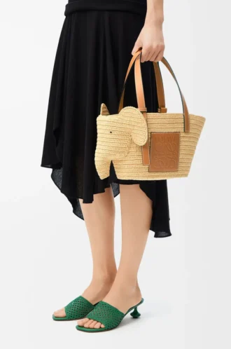 Petit panier Elephant en raphia et cuir de veau naturel/tan