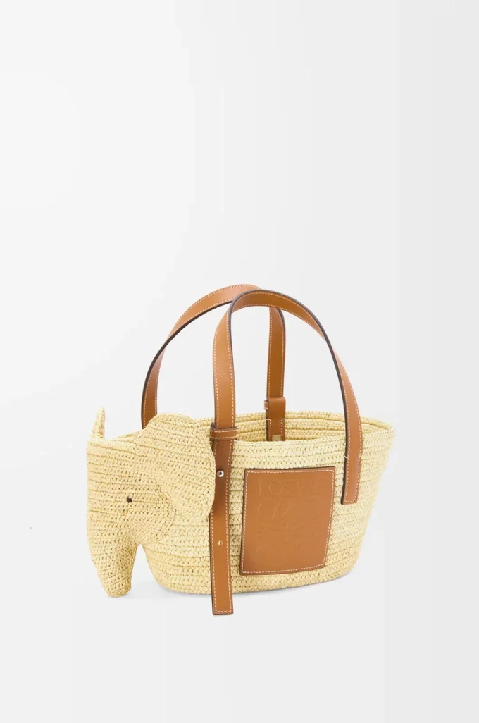 Petit panier Elephant en raphia et cuir de veau naturel/tan