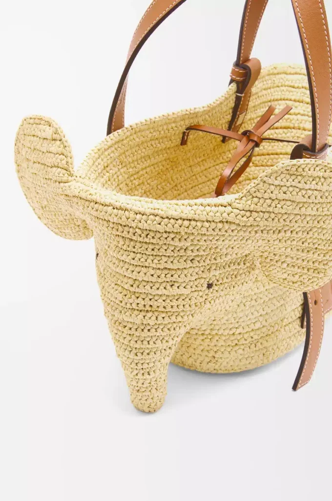 Petit panier Elephant en raphia et cuir de veau naturel/tan