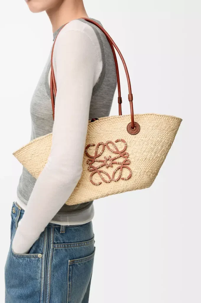 Petit sac Anagram Basket en palmier iraca et cuir de veau Naturel/Tan