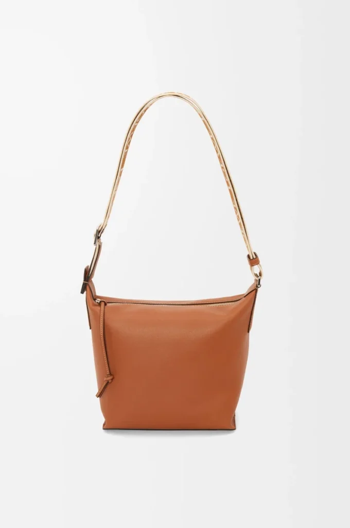 Petit sac à bandoulière Cubi en cuir de veau lisse et souple et jacquard Tan
