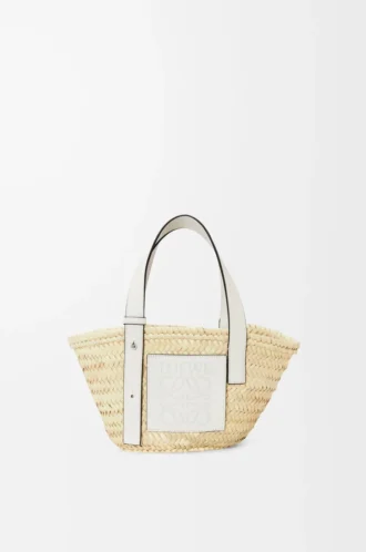 Petit sac Basket en feuille de palmier et cuir de veau Naturel/Blanc