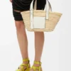 Petit sac Basket en feuille de palmier et cuir de veau Naturel/Blanc