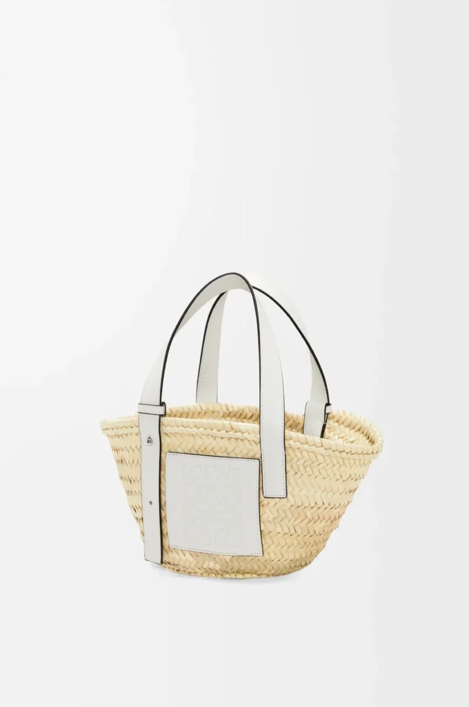 Petit sac Basket en feuille de palmier et cuir de veau Naturel/Blanc