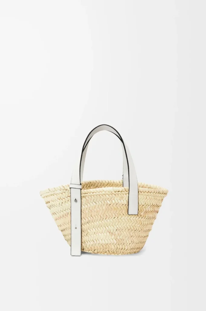 Petit sac Basket en feuille de palmier et cuir de veau Naturel/Blanc
