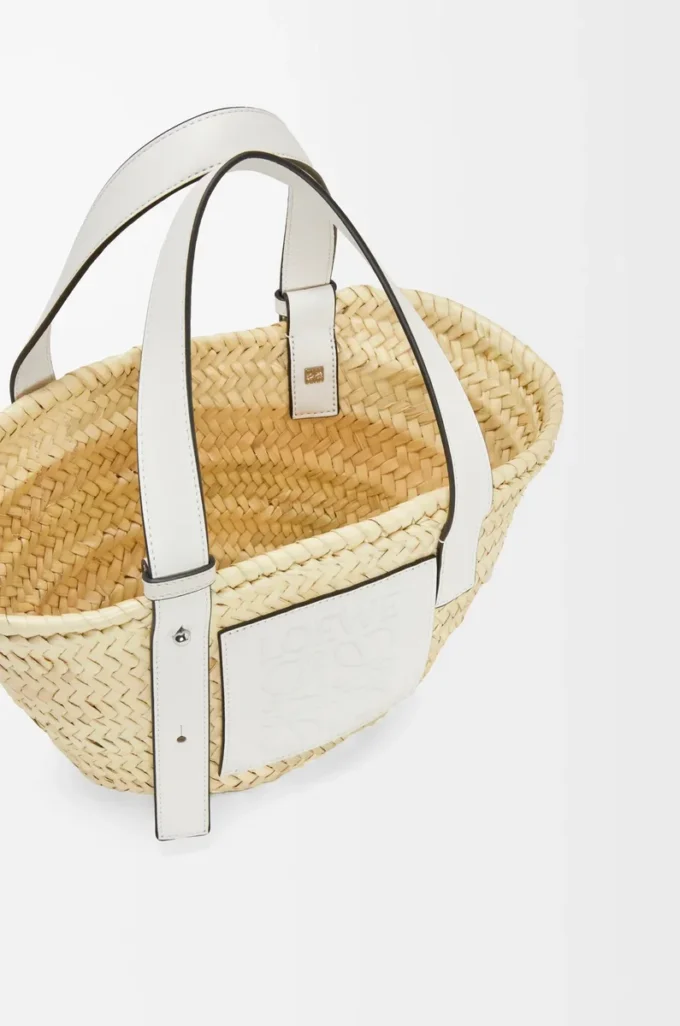 Petit sac Basket en feuille de palmier et cuir de veau Naturel/Blanc
