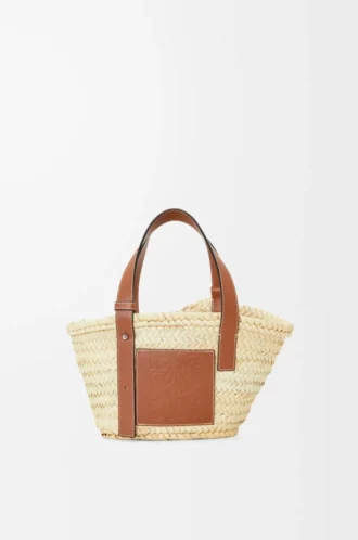 Petit sac Basket en feuilles de palmier et cuir de veau Naturel/Tan