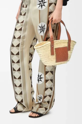 Petit sac Basket en feuilles de palmier et cuir de veau Naturel/Tan
