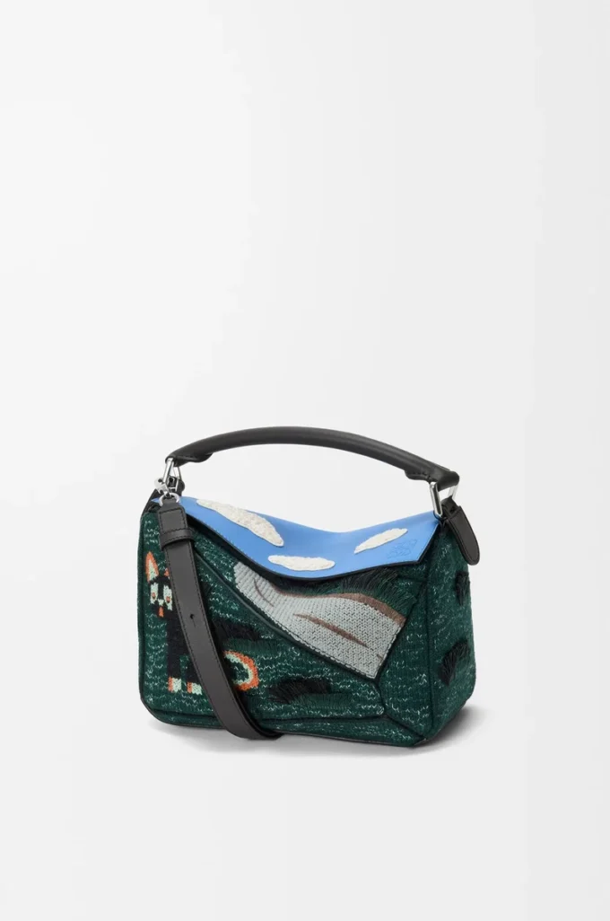 Petit sac Puzzle Futurist Cat en tricot brodé et cuir de veau classique Multicolore Vert