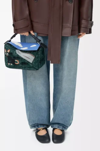 Petit sac Puzzle Futurist Cat en tricot brodé et cuir de veau classique Multicolore Vert