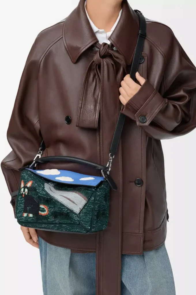 Petit sac Puzzle Futurist Cat en tricot brodé et cuir de veau classique Multicolore Vert