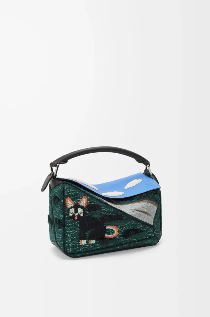 Petit sac Puzzle Futurist Cat en tricot brodé et cuir de veau classique Multicolore Vert
