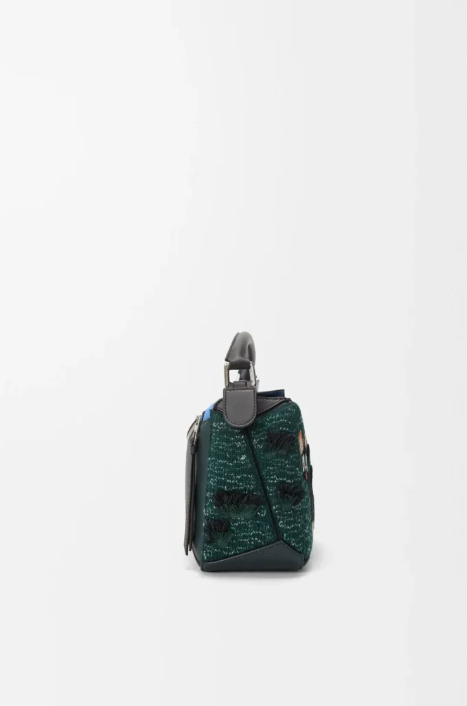 Petit sac Puzzle Futurist Cat en tricot brodé et cuir de veau classique Multicolore Vert