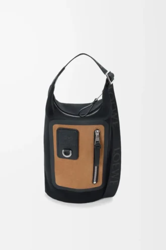 Petit sac seau Flex Loop en toile et daim noir/doré foncé
