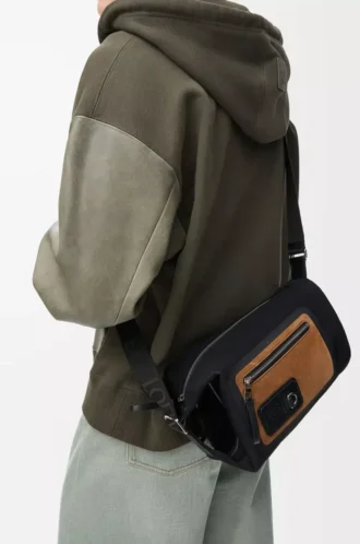 Petit sac seau Flex Loop en toile et daim noir/doré foncé