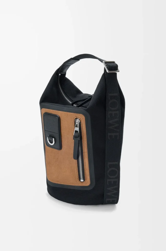 Petit sac seau Flex Loop en toile et daim noir/doré foncé