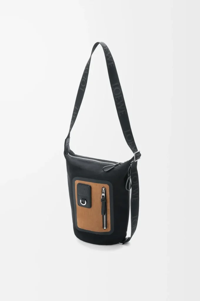 Petit sac seau Flex Loop en toile et daim noir/doré foncé