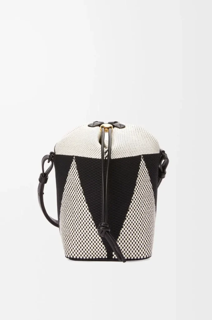 Petit sac seau Treasure Bako en jacquard de toile et cuir de veau Naturel/Noir