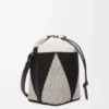 Petit sac seau Treasure Bako en jacquard de toile et cuir de veau Naturel/Noir