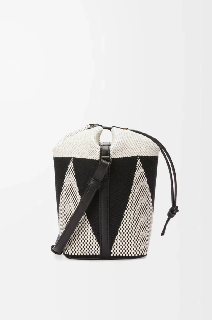 Petit sac seau Treasure Bako en jacquard de toile et cuir de veau Naturel/Noir