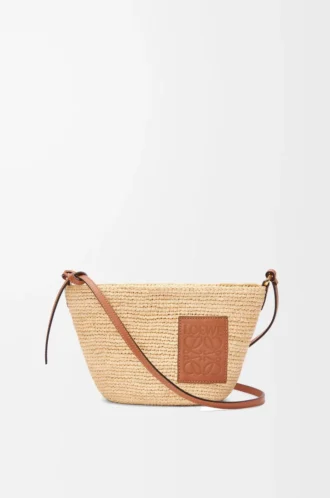 Pochette fendue en raphia et cuir de veau Naturel/Tan
