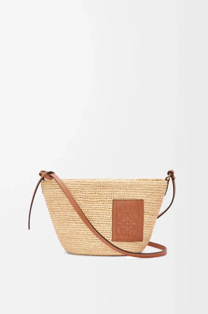 Pochette fendue en raphia et cuir de veau Naturel/Tan