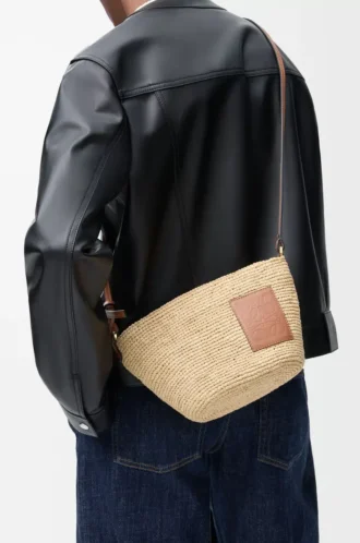 Pochette fendue en raphia et cuir de veau Naturel/Tan