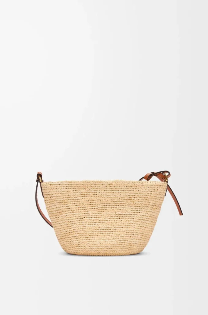 Pochette fendue en raphia et cuir de veau Naturel/Tan